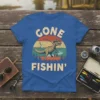 Gone Fishin' text with T-Rex dinosaur wearing a hat, holding a fishing rod and bucket, vintage sunset background, on a