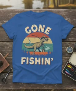 Gone Fishin' text with T-Rex dinosaur wearing a hat, holding a fishing rod and bucket, vintage sunset background, on a
