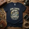 Gone Fishing Be Back Around When I'm Done O'Clock text with bass fish graphic on navy t-shirt