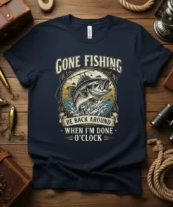 Gone Fishing Be Back Around When I'm Done O'Clock text with bass fish graphic on navy t-shirt