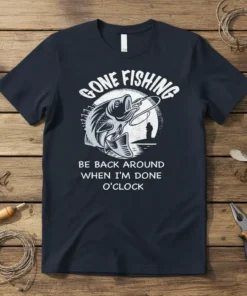 Gone Fishing Be Back Around When I'm Done O'Clock t-shirt design with a fish jumping and a fisherman silhouette
