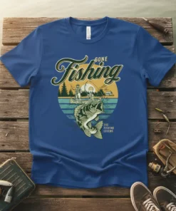 Gone Fishing The Fishing Legend t-shirt with vintage bass fishing graphic and canoe scene