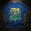 Blue t-shirt with "GONE PHISHING" text and a fierce fish graphic, surrounded by tech icons like laptops and Wi-Fi symbols