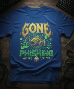Blue t-shirt with "GONE PHISHING" text and a fierce fish graphic, surrounded by tech icons like laptops and Wi-Fi symbols