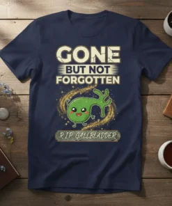 Gone But Not Forgotten RIP Gallbladder T-Shirt with a cute cartoon gallbladder graphic and distressed text