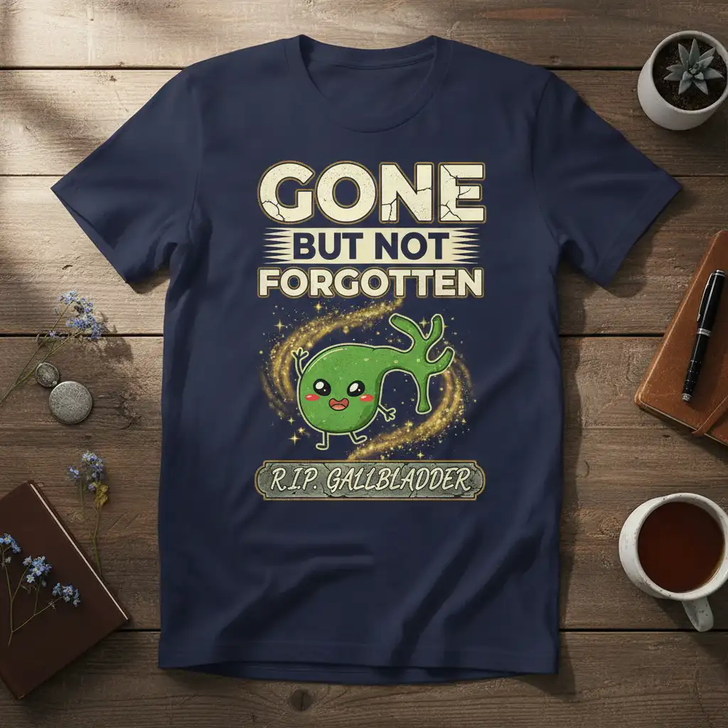 Humorous Gone But Not Forgotten RIP Gallbladder T-Shirt design with a cute, smiling cartoon gallbladder and distressed text