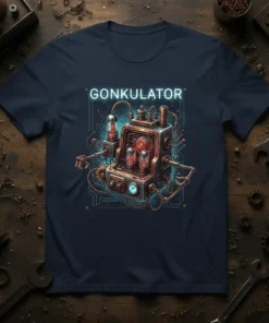 Gonkulator Steampunk Machine T-Shirt with retro mechanical design and glowing tubes