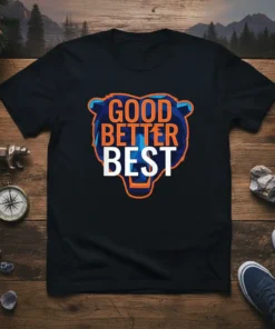 Black t-shirt with "GOOD BETTER BEST" text overlaid on a stylized blue and orange bear face graphic
