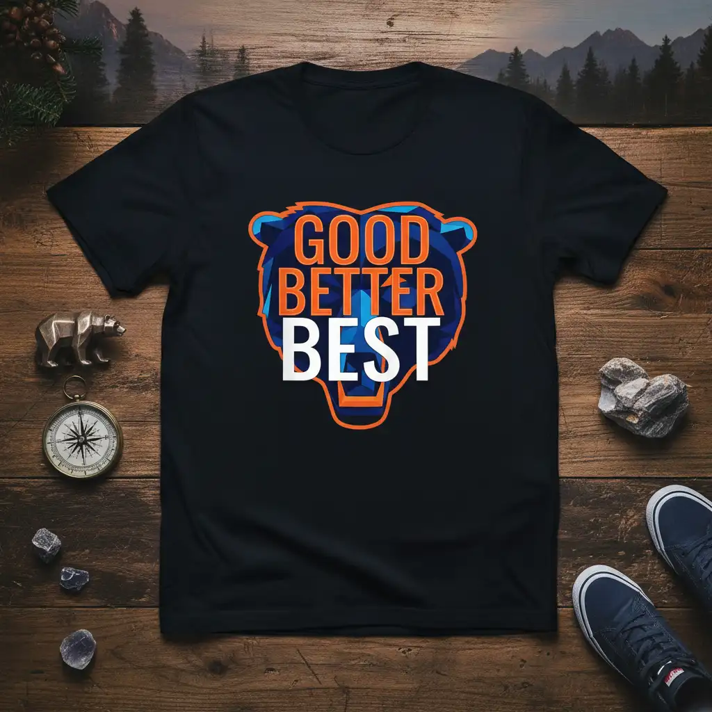 GOOD BETTER BEST motivational quote with a stylized blue and orange bear graphic on a black t-shirt