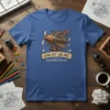 Steampunk airplane with "Good Boy Airlines Adventures in the Sky" text on a blue t-shirt