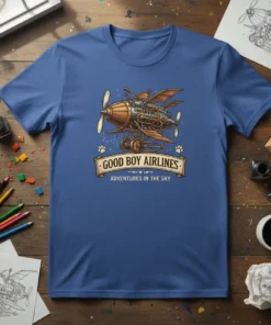 Steampunk airplane with "Good Boy Airlines Adventures in the Sky" text on a blue t-shirt