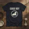 Good Boy T-Shirt featuring distressed typography and a white Labrador retriever graphic in a rope circle