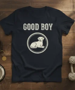 Good Boy T-Shirt featuring distressed typography and a white Labrador retriever graphic in a rope circle