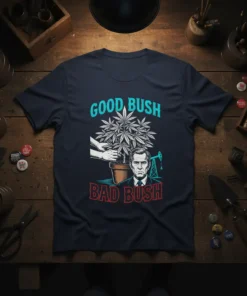 Good Bush Bad Bush T-Shirt design with marijuana plant and oil derrick graphic
