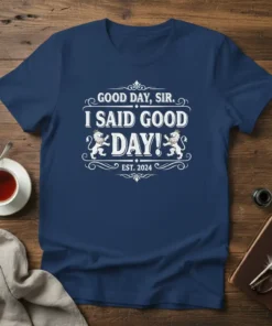 Navy t-shirt with white text "GOOD DAY, SIR. I SAID GOOD DAY! EST. 2024" in vintage style with lion graphics