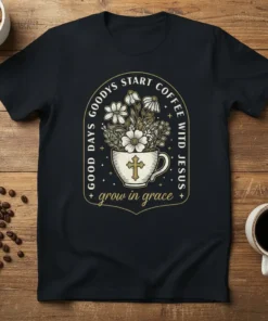 T-shirt with "Good Days Start Coffee With Jesus grow in grace" text and floral coffee cup graphic with a cross