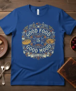 Good Food Is Good Mood text design with bread and roasted chicken graphics on a blue t-shirt
