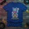 Neon cyber lucky cat design with "Good Fortune Est. Future" text on a blue t-shirt