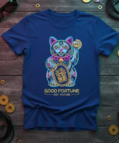Neon cyber lucky cat design with "Good Fortune Est. Future" text on a blue t-shirt
