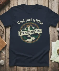 Good Lord willing & THE CREEK DON'T RISE t-shirt with mountain and creek graphic, vintage style design