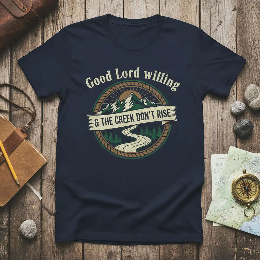 Good Lord willing & THE CREEK DON'T RISE quote on outdoor adventure t-shirt with mountains and winding creek