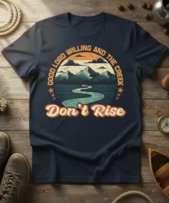 Good Lord Willing and the Creek Don't Rise quote on a navy t-shirt featuring a retro mountain and creek landscape