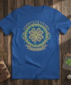 Blue t-shirt with "Good Luck Charm" text and a golden four-leaf clover design bordered by Celtic knots and green sparkles