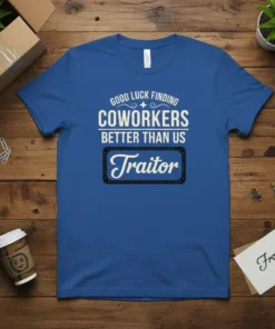 Blue t-shirt with white text "GOOD LUCK FINDING COWORKERS BETTER THAN US Traitor" in a distressed, vintage style, commemorating a