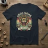 Good Moms Say Bad Words t-shirt design with a roaring lion wearing sunglasses, surrounded by flowers and coffee cups