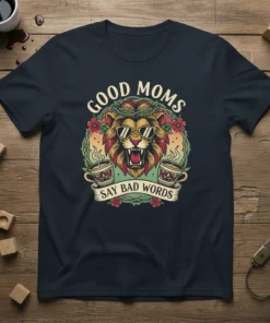 Good Moms Say Bad Words t-shirt design with a roaring lion wearing sunglasses, surrounded by flowers and coffee cups