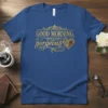 Good Morning, gorgeous text with ornate golden heart graphic on a blue t-shirt