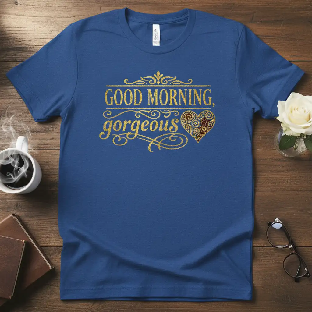 GOOD MORNING, gorgeous quote with golden ornate heart graphic on a blue t-shirt