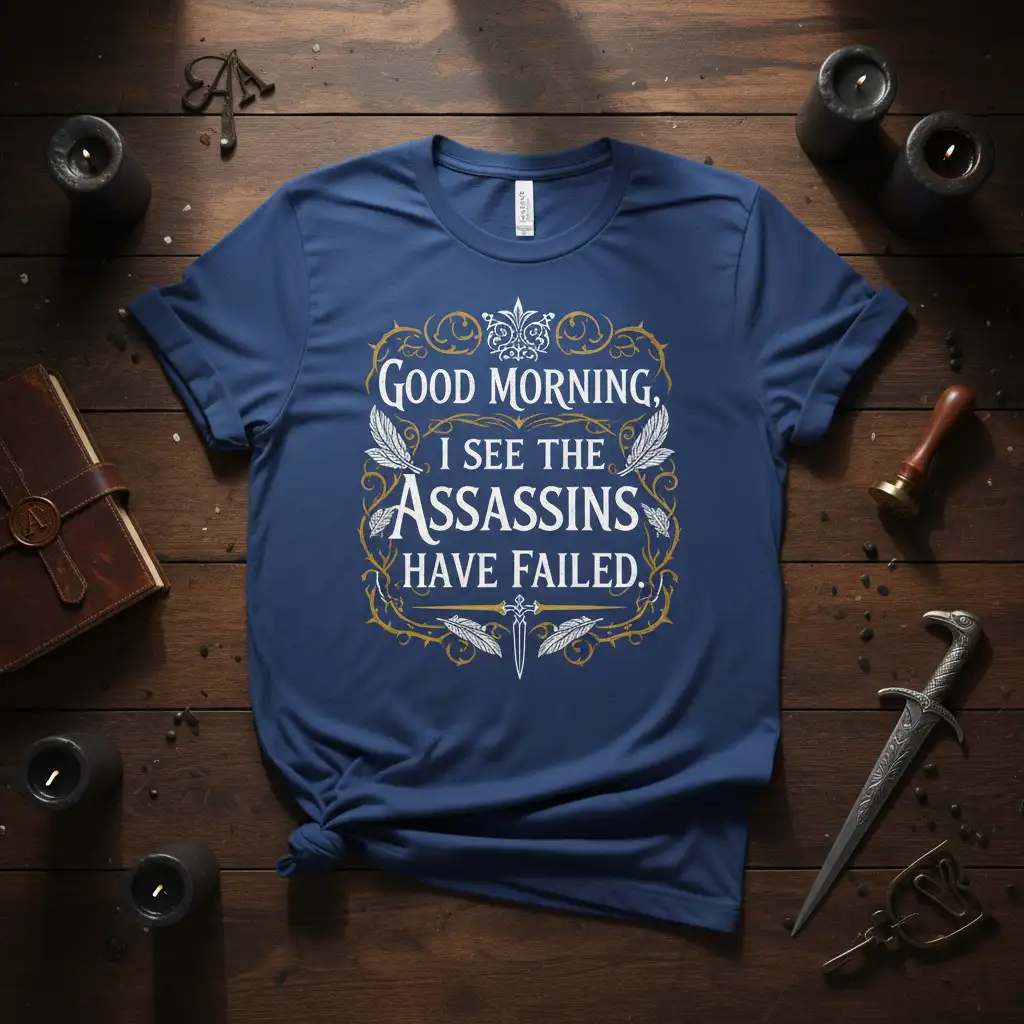 Good Morning, I See The Assassins Have Failed quote featuring ornate border and sword graphic on navy tee