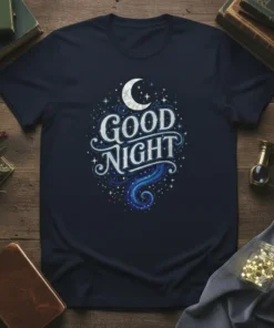 Good Night text with crescent moon and starry night graphic on a navy t-shirt
