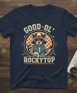 Good Ol' Rockytop t-shirt design with a raccoon playing a banjo, wearing sunglasses and a hat
