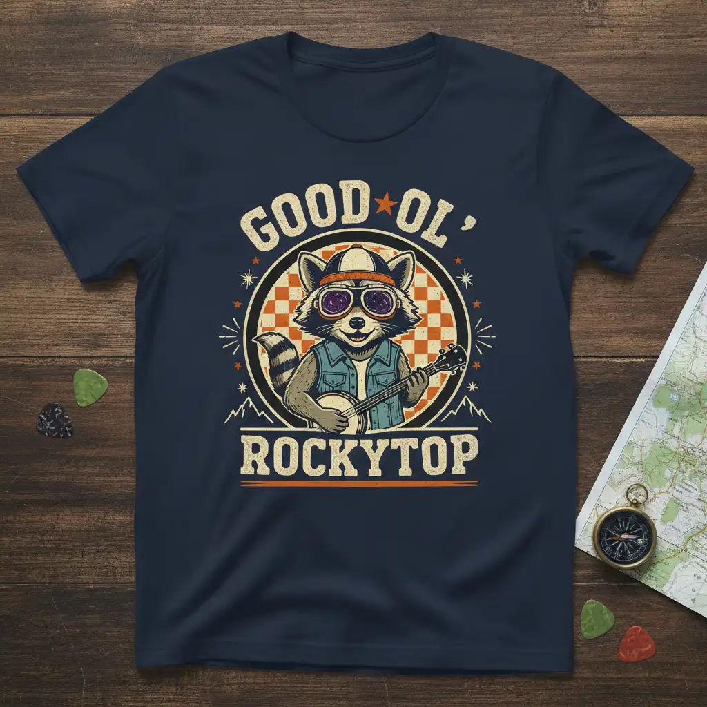 Good Ol' Rockytop banjo-playing raccoon graphic with vintage lettering and mountain scenery