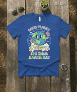 Retro "Good Planet Its Your Earth Day" t-shirt design featuring a smiling cartoon Earth character holding flowers