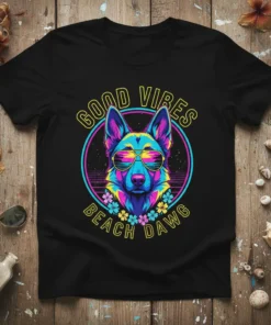 Good Vibes Beach Dawg German Shepherd t-shirt with retro neon design and sunglasses