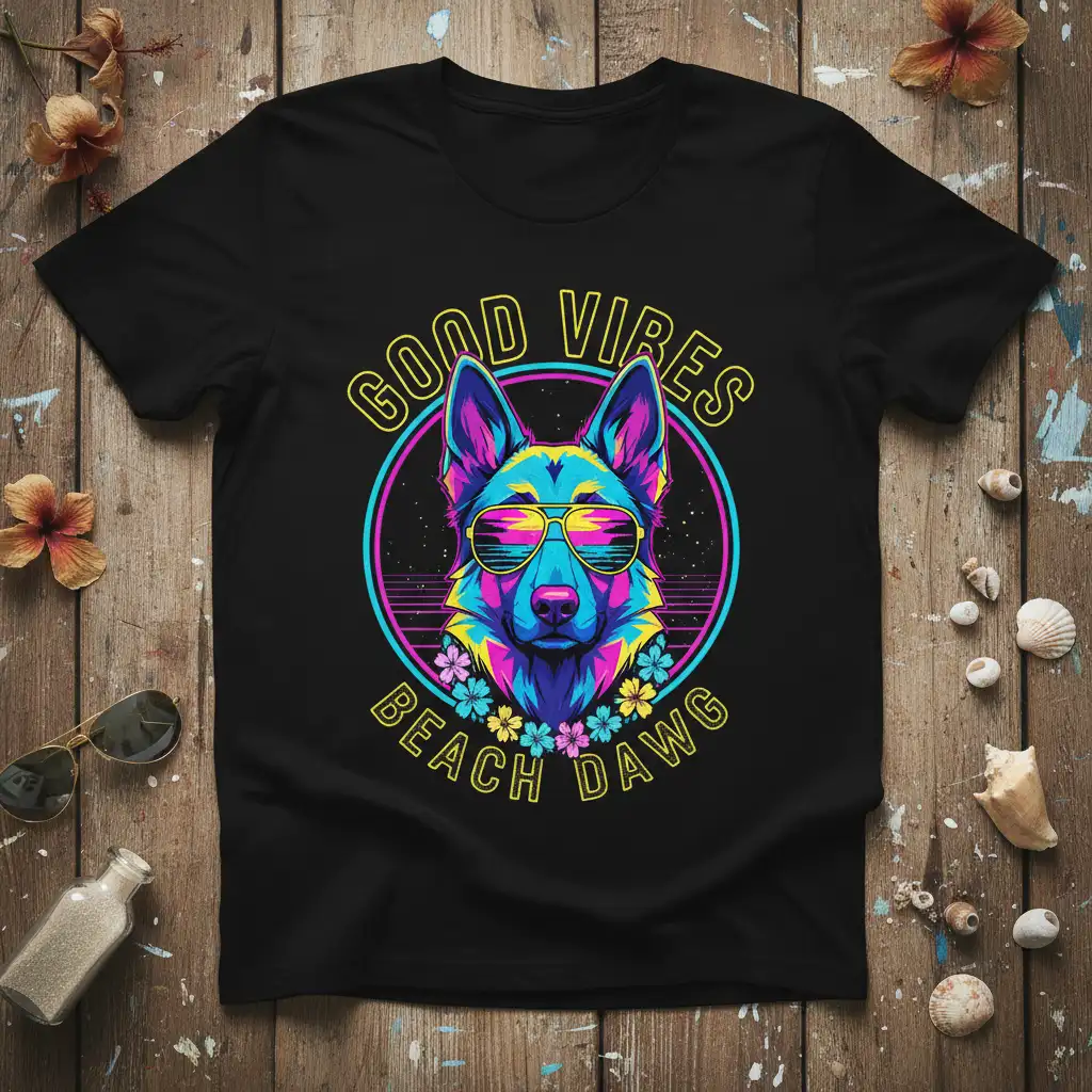 Good Vibes Beach Dawg German Shepherd t-shirt with colorful retro neon graphics