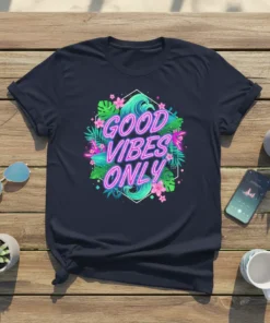 Good Vibes Only text with tropical leaves and waves graphic on a navy t-shirt