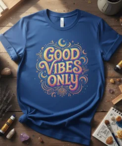 Good Vibes Only quote in ornate gold and pink lettering on a blue t-shirt, with celestial accents like moons and