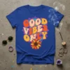 Retro boho t-shirt with "GOOD VIBES ONLY" text and a colorful sunflower graphic