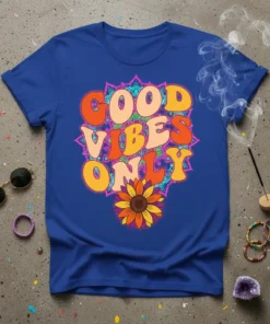 Retro boho t-shirt with "GOOD VIBES ONLY" text and a colorful sunflower graphic