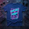 Good Vibes Or Goodbye retro neon quote t-shirt design with a winking smiley face and pink and blue geometric shapes