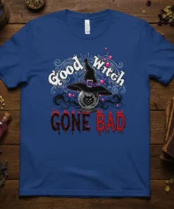 Good Witch GONE BAD text with witch hat and black cat in crystal ball on blue t-shirt