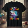 Goodbye 1st Grade Hello 2nd Grade shark t-shirt with sunglasses and colorful text