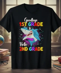 Goodbye 1st Grade Hello 2nd Grade shark t-shirt with sunglasses and colorful text