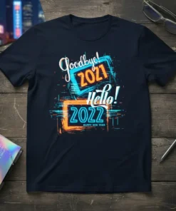 Goodbye! 2021 Hello! 2022 text design featuring bold typography on quality t-shirt