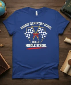 Goodbye Elementary School Hello Middle School text with checkered flags on a blue t-shirt, perfect for students transitioning to middle