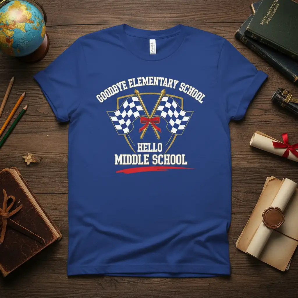 Goodbye Elementary School Hello Middle School quote design with checkered flags on a vibrant blue t-shirt for school transition